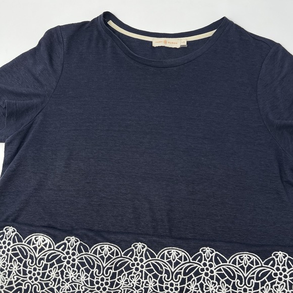 Tory Burch Tops - Tory‎ Burch 100% Linen Women's Large Eyelet Trim Blouse Navy Blue Short Sleeve